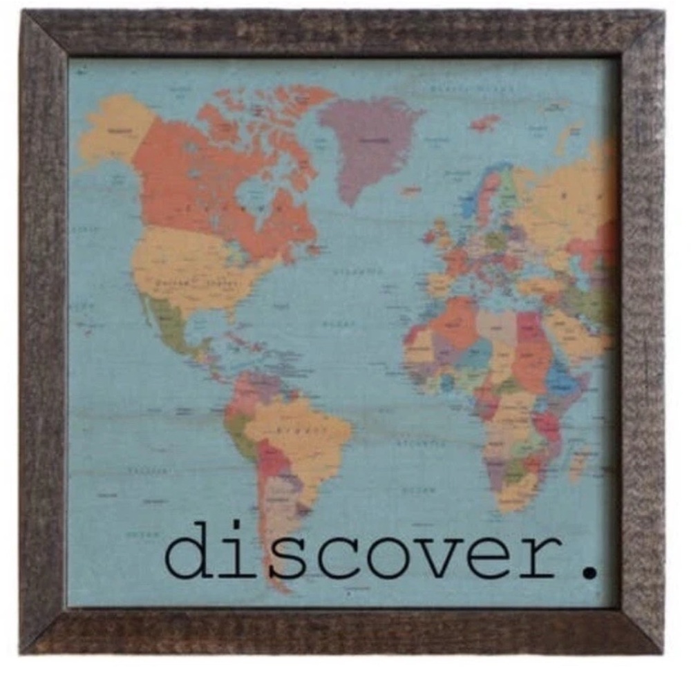 World Map “Discover” Wooden Sign | 6x6 Rustic Shelf Sitter | Travel Decor